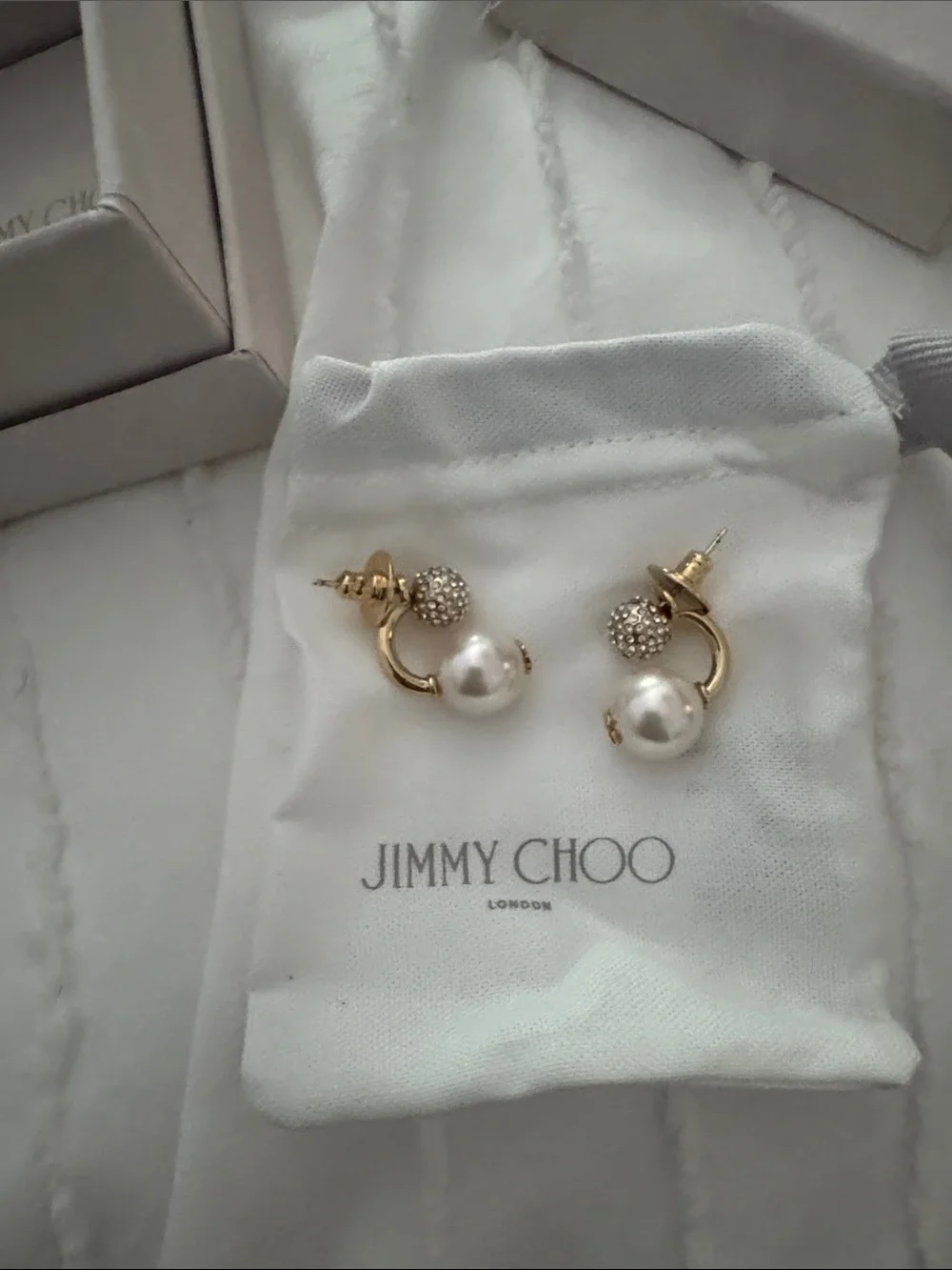 Jimmy Choo Gold finish Auri Earrings with White Pearls and Crystal Studs - Picture 1 of 5